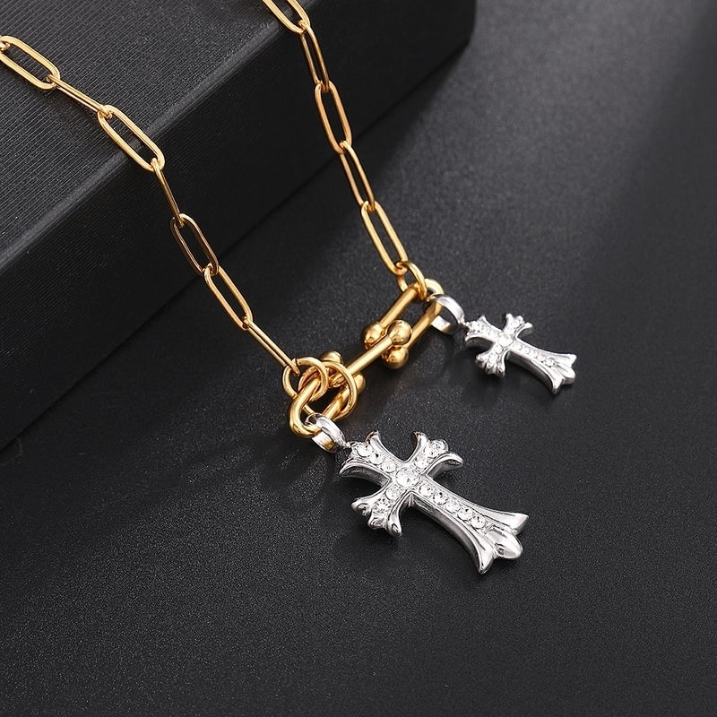 Classic Style Cross 304 Stainless Steel Rhinestones 18K Gold Plated Chain Pendant Necklace