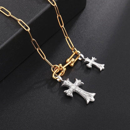 Classic Style Cross 304 Stainless Steel Rhinestones 18K Gold Plated Chain Pendant Necklace