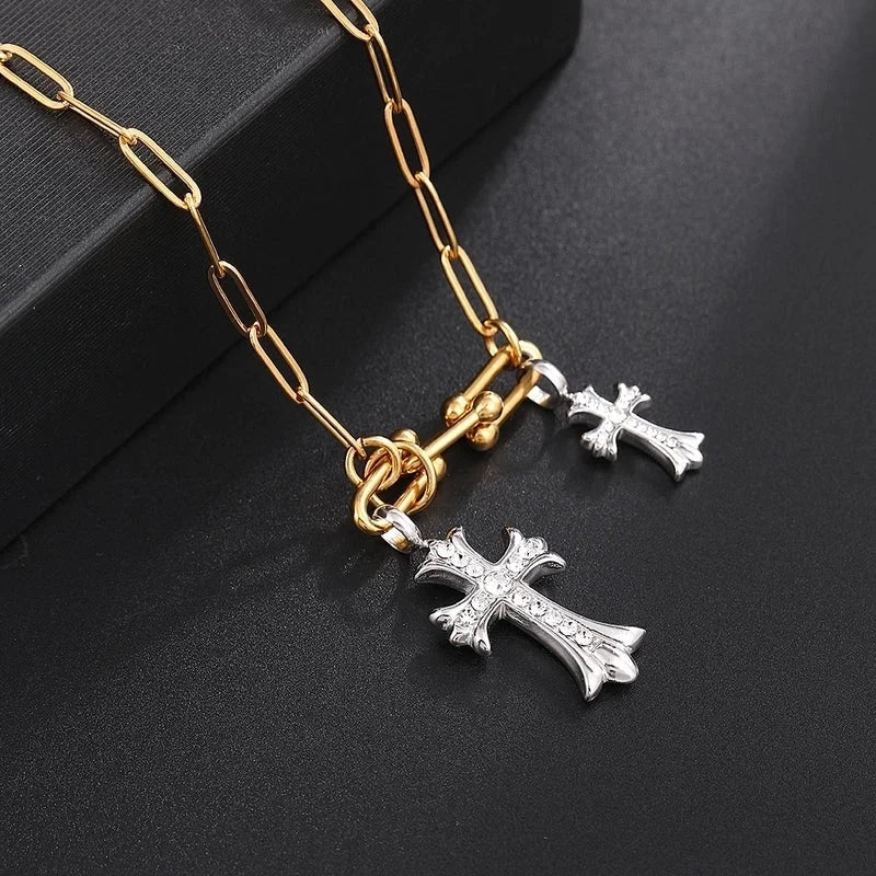 Classic Style Cross 304 Stainless Steel Rhinestones 18K Gold Plated Chain Pendant Necklace