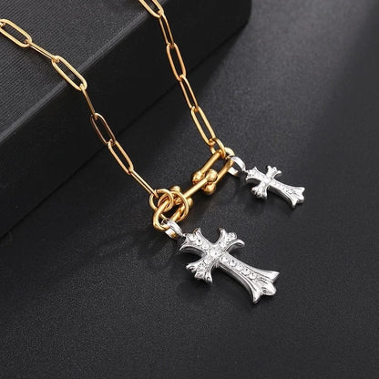 Classic Style Cross 304 Stainless Steel Rhinestones 18K Gold Plated Chain Pendant Necklace