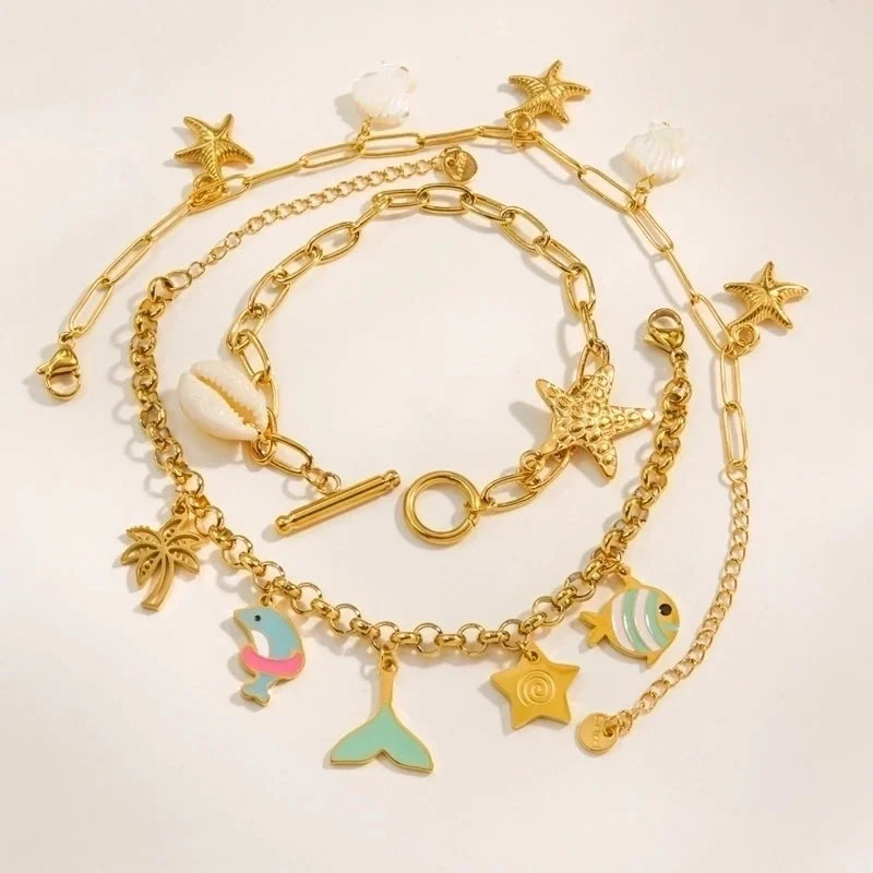 3 Pieces Ig Style Vacation Starfish Ocean 304 Stainless Steel 14K Gold Plated Bracelets In Bulk