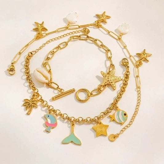 3 Pieces Ig Style Vacation Starfish Ocean 304 Stainless Steel 14K Gold Plated Bracelets In Bulk