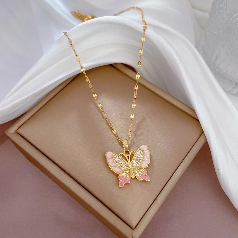 Minimalist Butterfly Titanium Steel Copper Plating Inlay Zircon Pendant Necklace