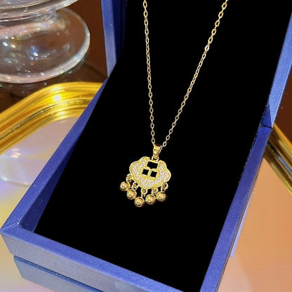 Elegant Classic Style Geometric Moon Bow Knot Titanium Steel Zircon Pendant Necklace