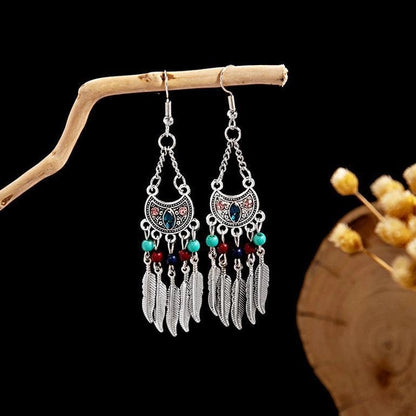 Bohemian Blue Turquoise National Style Earrings Imitation Miao Silver Metal Earrings Vintage Tassel Earrings