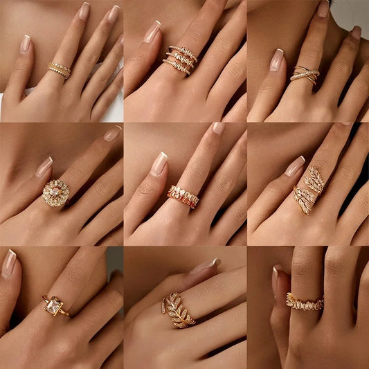 Copper 18K Gold Plated Inlay Semicircle Round Petal Zircon Open Rings