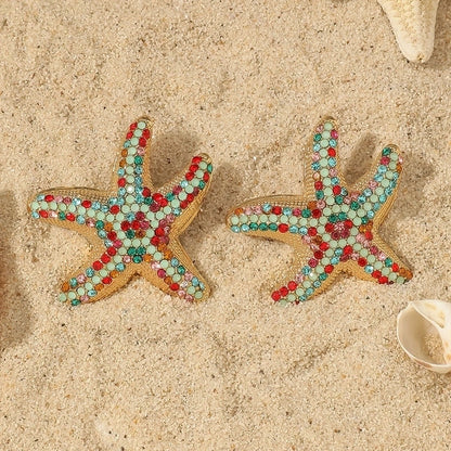 1 Pair Retro Beach Minimalist Starfish Shell Inlay Alloy Rhinestones Pearl Gold Plated Ear Studs