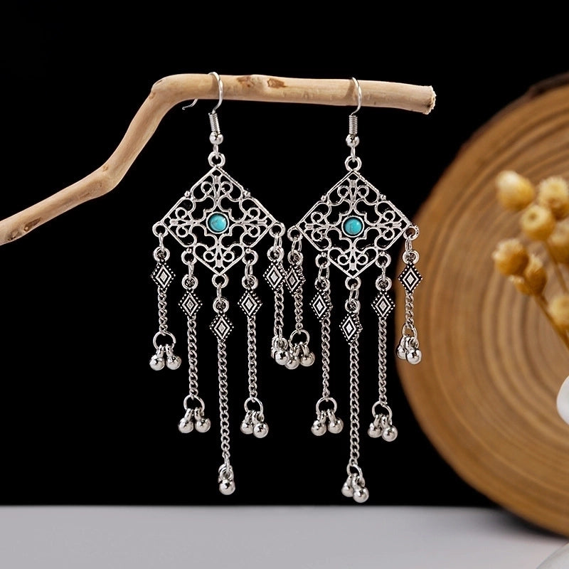 Bohemian Blue Turquoise National Style Earrings Imitation Miao Silver Metal Earrings Vintage Tassel Earrings