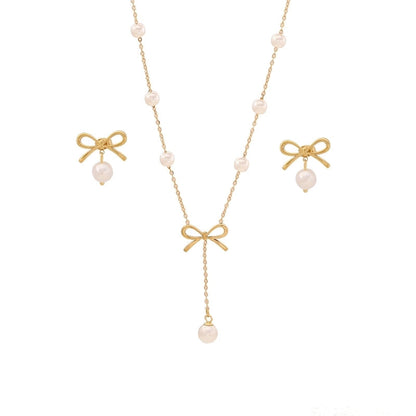 Elegant Streetwear Commute Heart Shape Bow Knot 304 Stainless Steel Artificial Pearls 18K Gold Plated Inlay Earrings Necklace Jewelry Set