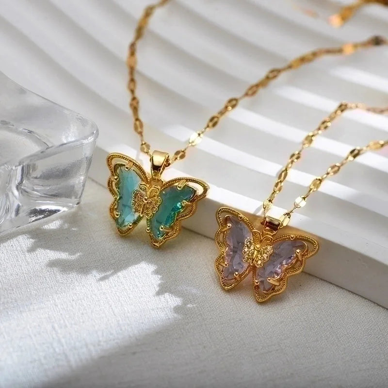 Sweet Butterfly Titanium Steel Copper Zircon Gold Plated Inlay Pendant Necklace
