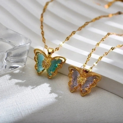 Sweet Butterfly Titanium Steel Copper Zircon Gold Plated Inlay Pendant Necklace