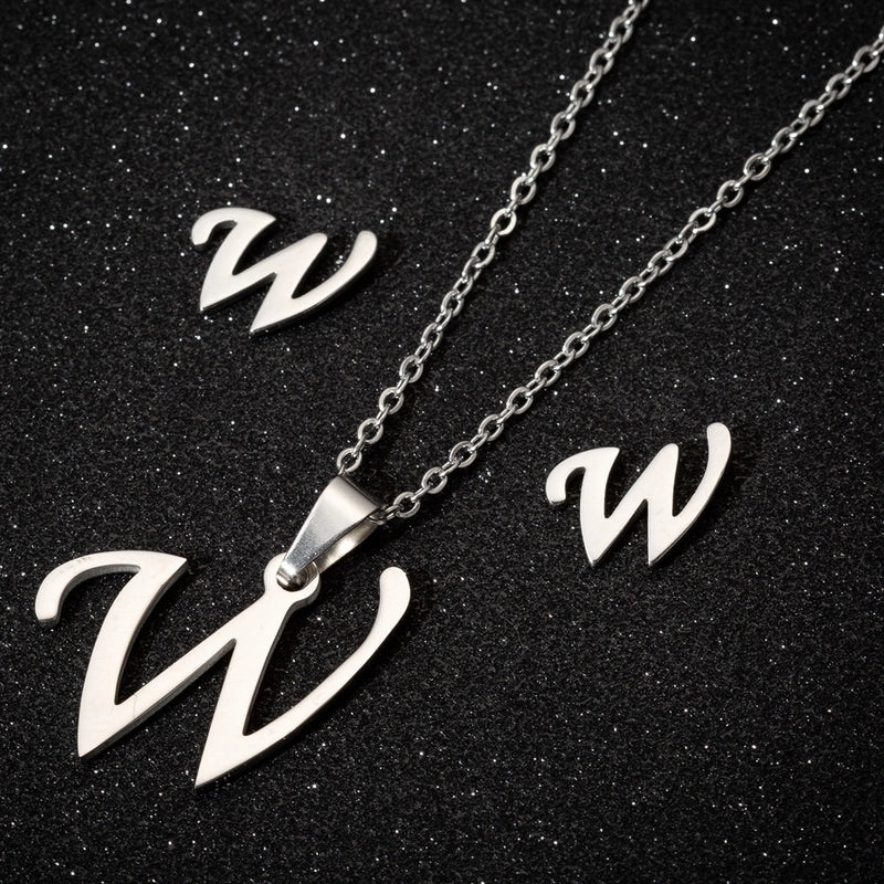Women\'s Fashion Minimalist Letter Stainless Steel Pendant Necklace Ear Studs Plating Jewelry Sets