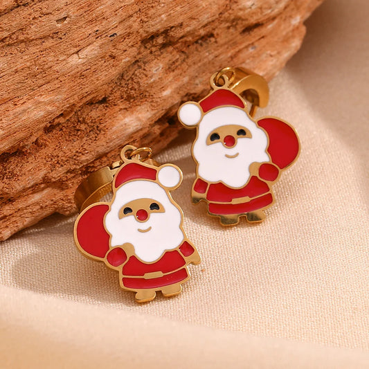 Fashion Santa Claus Cute Cartoon Earrings Stainless Steel 18k Gold Plated Christmas Series Oil Drop Earrings For Women