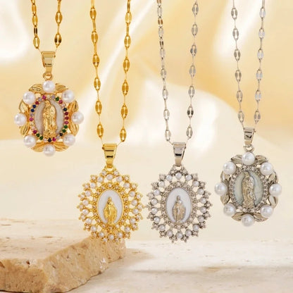 Vintage Style Religion Artistic Round Virgin Mary 304 Stainless Steel Copper Zircon K Gold Plated Inlay Pendant Necklace