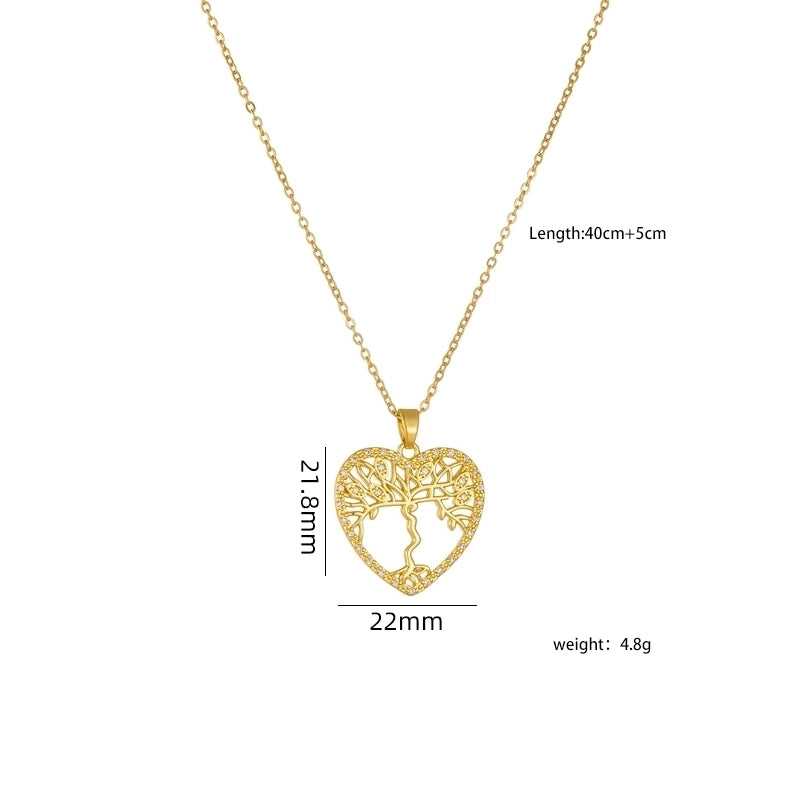 304 Stainless Steel Copper Heart Shape Life Tree Pendant Necklace