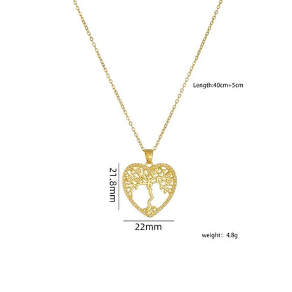 304 Stainless Steel Copper Heart Shape Life Tree Pendant Necklace