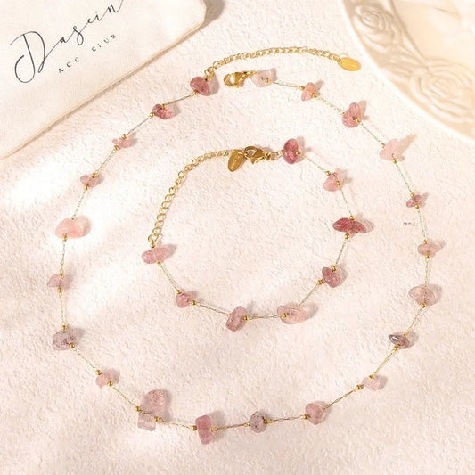 Elegant Sweet Minimalist Geometric 304 Stainless Steel Natural Stone 18K Gold Plated Beaded Bracelets Necklace