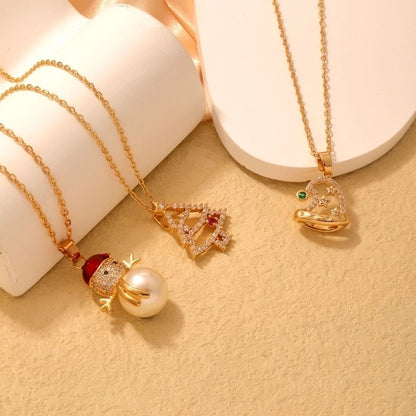 Stainless Steel Copper Plating Inlay Christmas Hat Christmas Tree Snowman Freshwater Pearl Zircon Pendant Necklace
