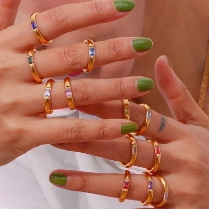 Fashion Rectangle 304 Stainless Steel Birthstone Zircon 18K Gold Plated Plating Rings