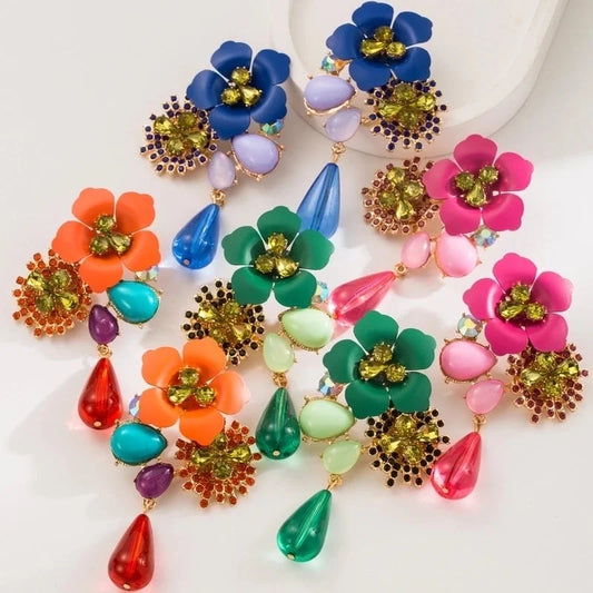 Fashion Exaggerated Bohemian Earrings Alloy Resin Flower Earrings Layered Retro Long Earrings