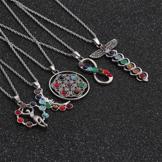 Seven Chakra Pendant Crystal Gem Alloy Inlaid Ethnic Style Necklace