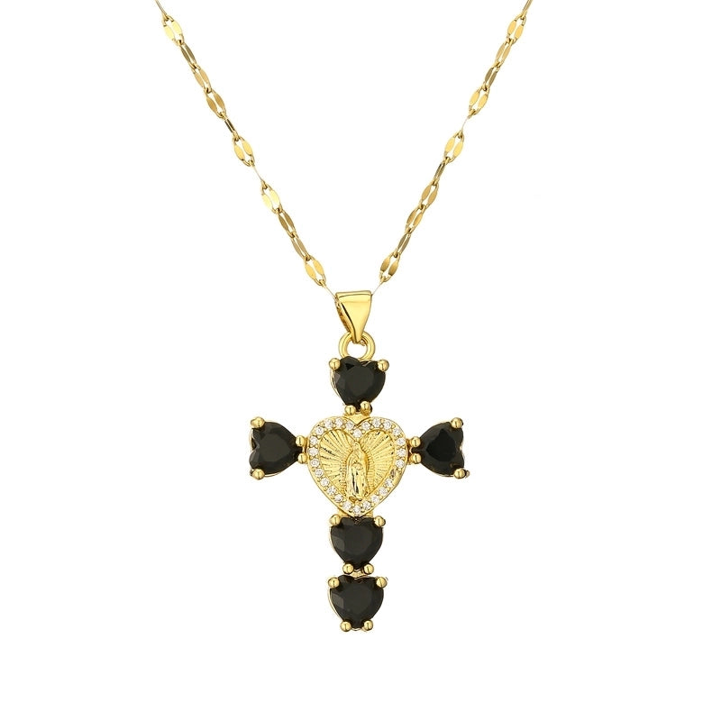 Minimalist Commute Human Cross Heart Shape Titanium Steel Copper Zircon Plating Inlay Pendant Necklace