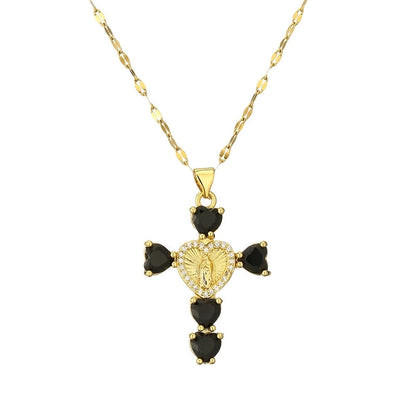 Minimalist Commute Human Cross Heart Shape Titanium Steel Copper Zircon Plating Inlay Pendant Necklace