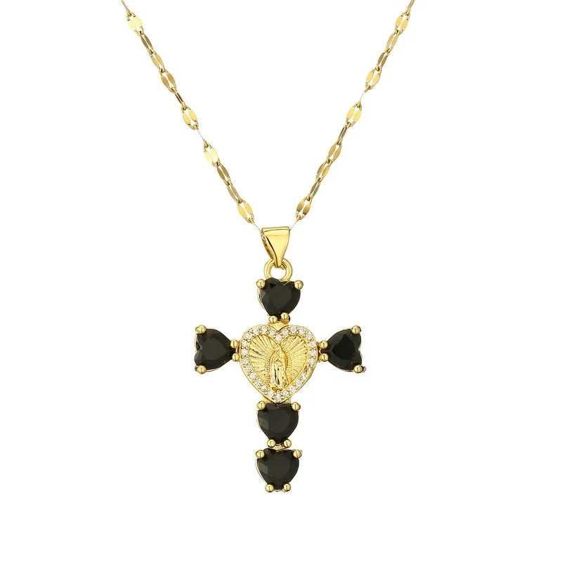 Minimalist Commute Human Cross Heart Shape Titanium Steel Copper Zircon Plating Inlay Pendant Necklace