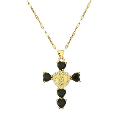 Minimalist Commute Human Cross Heart Shape Titanium Steel Copper Zircon Plating Inlay Pendant Necklace