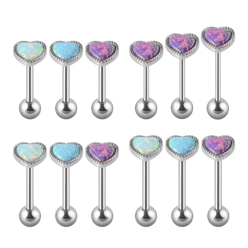 2 Pieces Tongue Rings Hip-Hop Heart Shape 304 Stainless Steel Synthetic Opal Inlay Synthetic Opal Tongue Rings