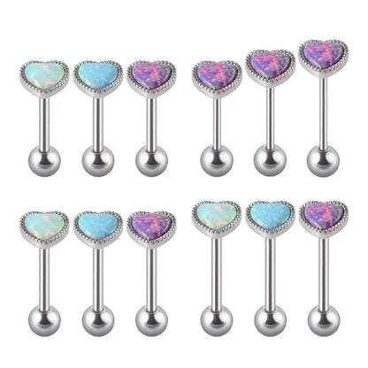 2 Pieces Tongue Rings Hip-Hop Heart Shape 304 Stainless Steel Synthetic Opal Inlay Synthetic Opal Tongue Rings