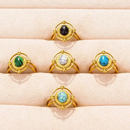 5 Pieces 304 Stainless Steel Retro Inlay Oval Artificial Gemstones Rings