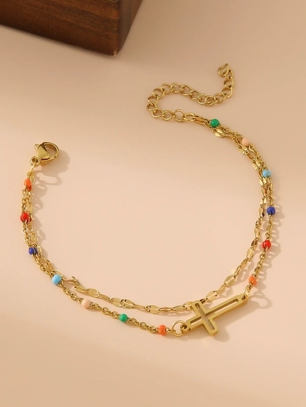 Casual IG Style Cross Heart Shape 304 Stainless Steel 18K Gold Plated Resin Stainless Steel Bracelets In Bulk