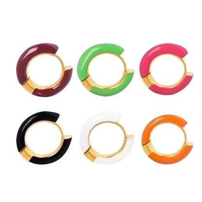 1 Pair Minimalist Round Enamel Plating 304 Stainless Steel 18K Gold Plated Hoop Earrings