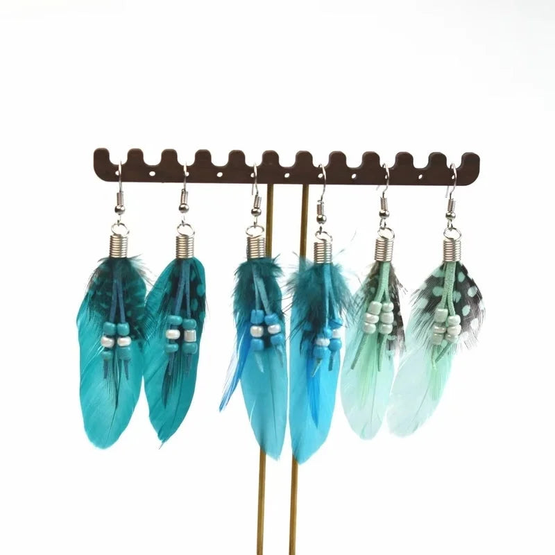 3 Pieces Explosions Long Tassel Feather Earrings Bohemian Ethnic Style Retro Earrings