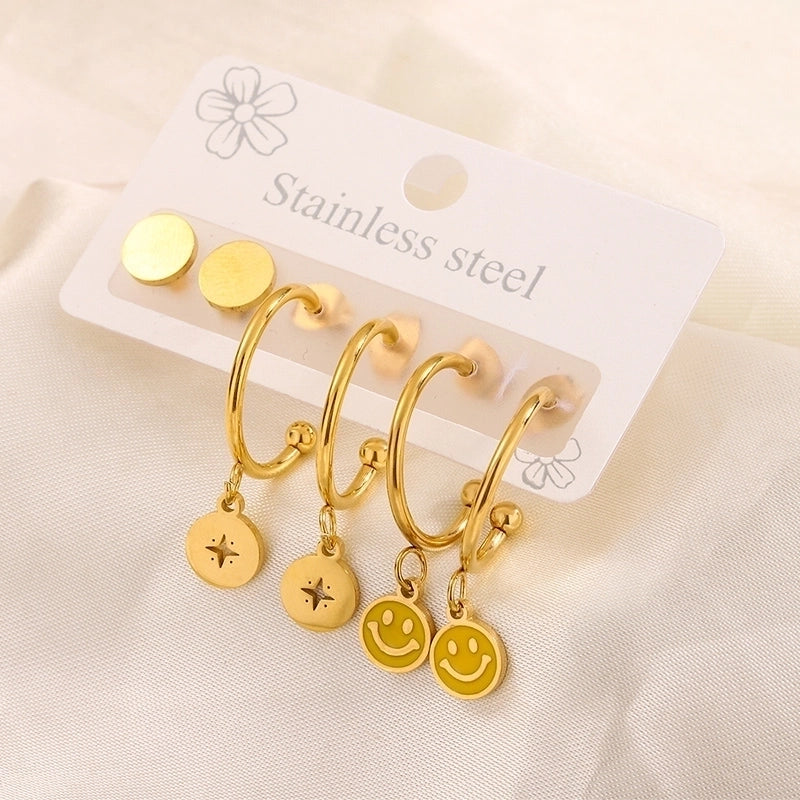 3 Pairs Minimalist Heart Shape Flower Enamel 304 Stainless Steel 18K Gold Plated Drop Earrings Ear Studs