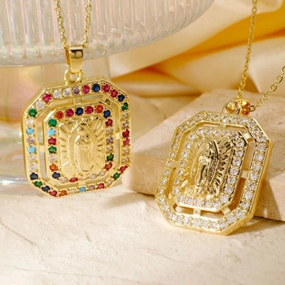 Vintage Style Classic Style Geometric Round Virgin Mary 304 Stainless Steel Copper Zircon K Gold Plated Inlay Pendant Necklace