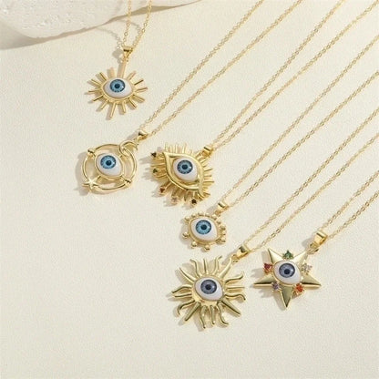 Vintage Style Minimalist Commute Sun Copper Plating Inlay Resin Zircon 14k Gold Plated Pendant Necklace