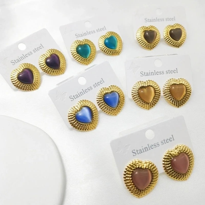 1 Pair Elegant Retro Commute Heart Shape Inlay 304 Stainless Steel Artificial Gemstones Ear Studs