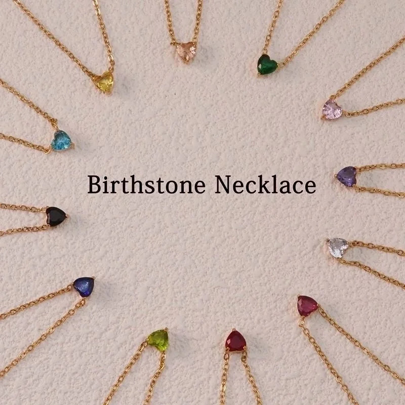 Sweet Minimalist Commute Heart Shape 304 Stainless Steel Rhinestones Birthstone 18K Gold Plated Inlay Necklace