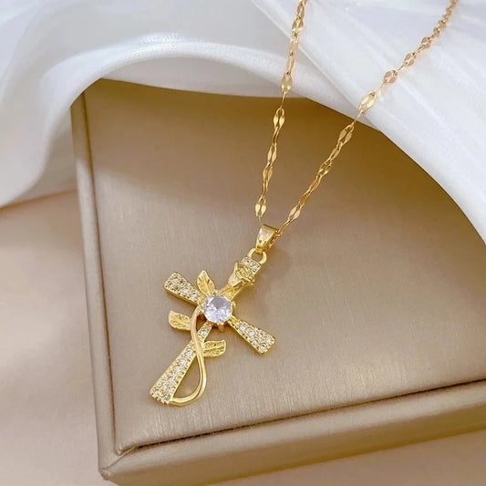 Minimalist Cross Titanium Steel Copper Inlay Artificial Gemstones Pendant Necklace