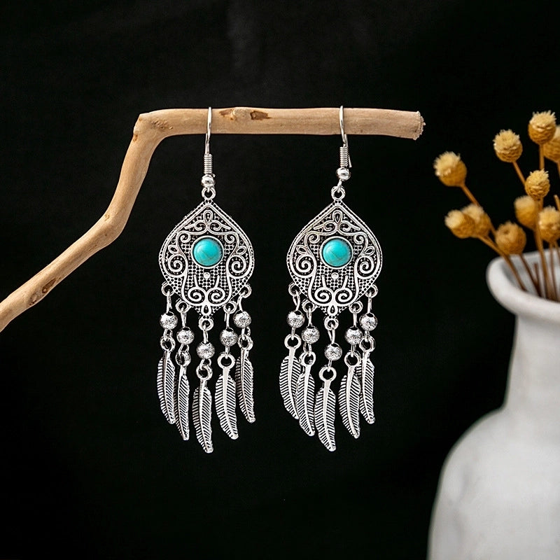 Bohemian Blue Turquoise National Style Earrings Imitation Miao Silver Metal Earrings Vintage Tassel Earrings