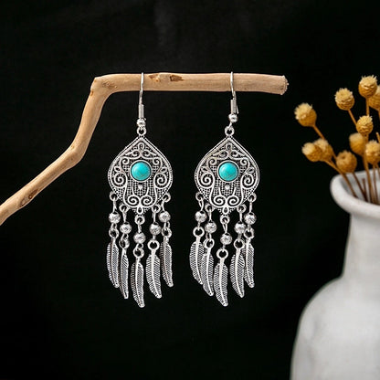 Bohemian Blue Turquoise National Style Earrings Imitation Miao Silver Metal Earrings Vintage Tassel Earrings