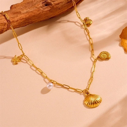 Cute Sweet Star Bow Knot Shell Titanium Steel Pearl 18K Gold Plated Hollow Out Inlay Pendant Necklace