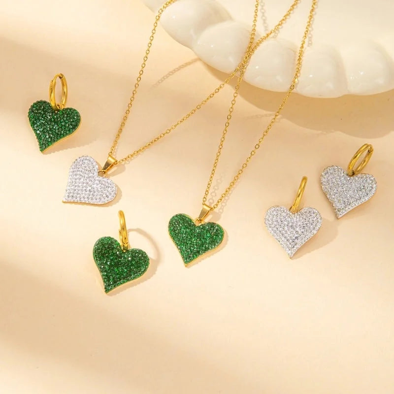 IG Style Minimalist Heart Shape Titanium Steel Shell Zircon Inlay Earrings Necklace