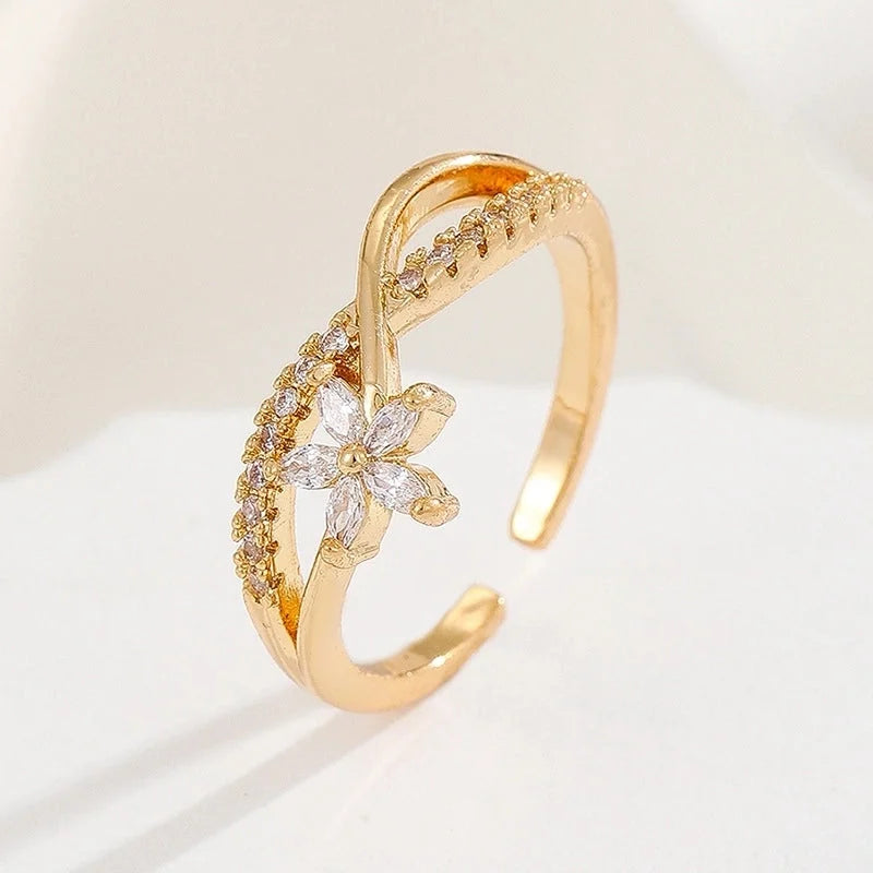 Lady Heart Shape Crown Flower Copper Zircon Inlay Open Rings