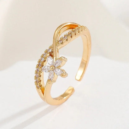 Lady Heart Shape Crown Flower Copper Zircon Inlay Open Rings