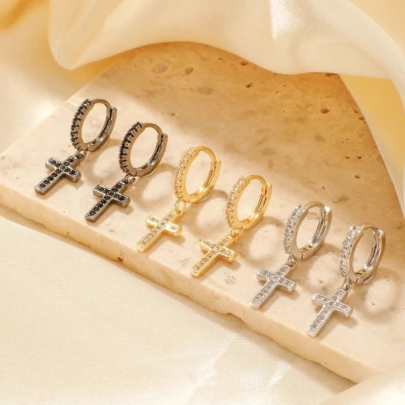1 Pair Elegant Streetwear Shiny Cross Inlay Copper Zircon K Gold Plated Rhodium Plated Earrings