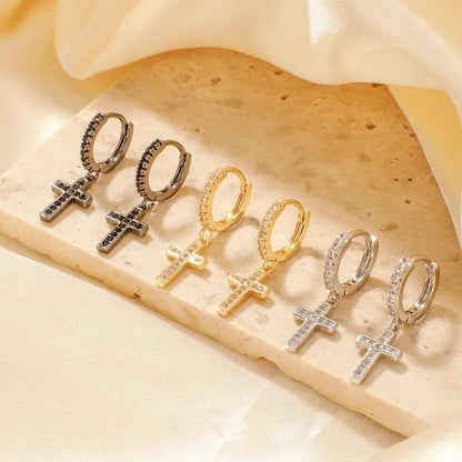 1 Pair Elegant Streetwear Shiny Cross Inlay Copper Zircon K Gold Plated Rhodium Plated Earrings
