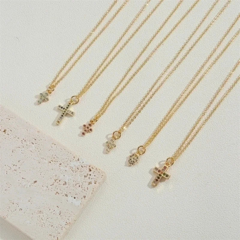 Copper 14K Gold Plated Vintage Style Minimalist Commute Inlay Cross Palm Zircon Pendant Necklace